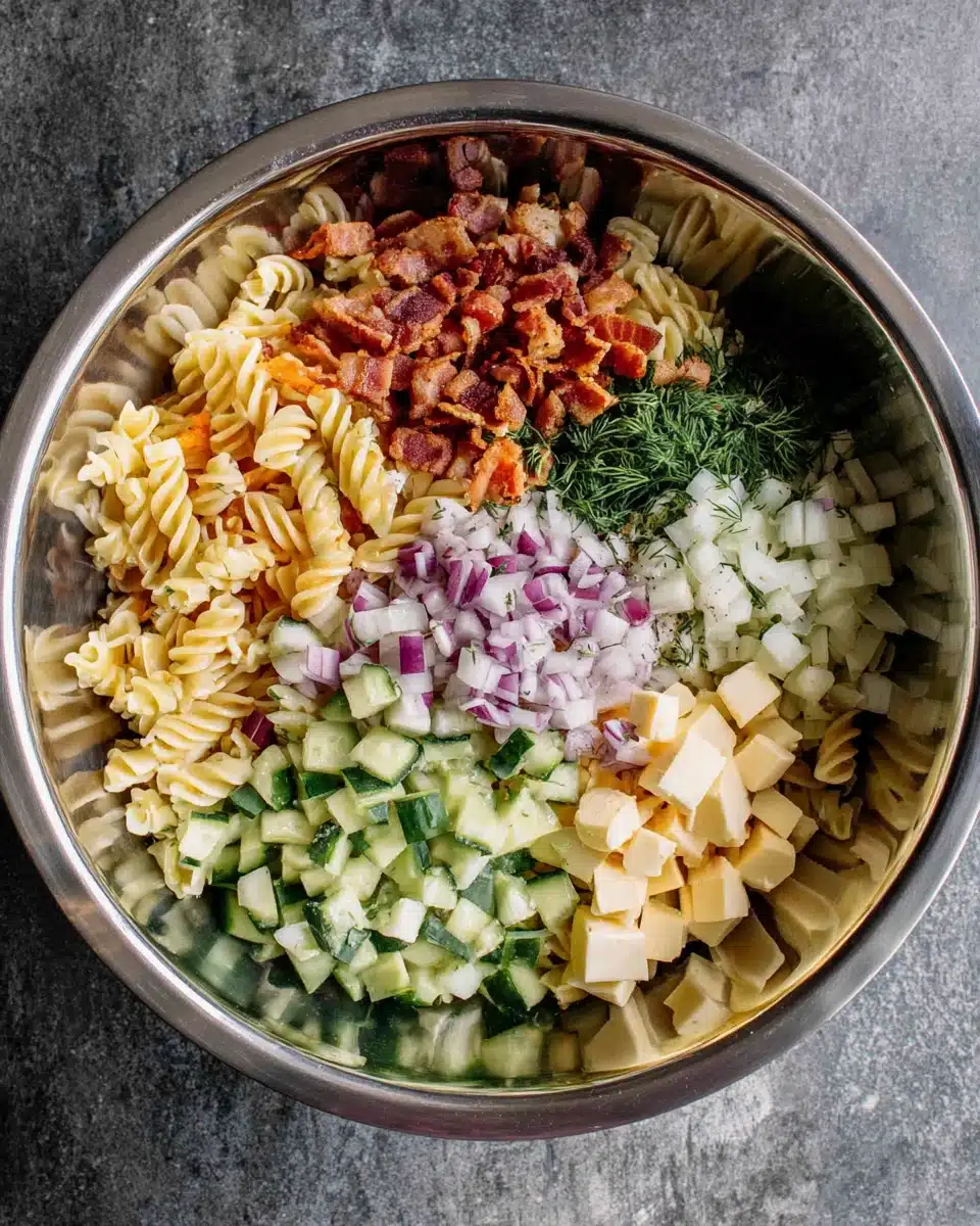 Dill Pickle Bacon Pasta Salad Ingredients in Mixing Bowl Dill pickle bacon pasta salad ingredients in a mixing bowl with pasta, bacon, pickles, cucumber, red onion, and cheese.