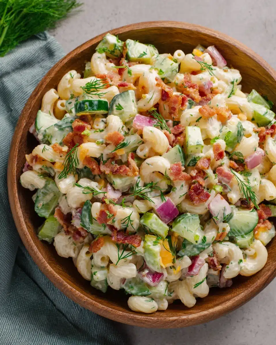 Dill Pickle Bacon Pasta Salad with Crispy Bacon and Fresh Dill Dill pickle bacon pasta salad with crispy bacon, pickles, and fresh dill in a wooden bowl