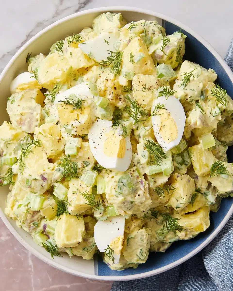 Easy Classic Potato Salad with Creamy Dressing and Fresh Herbs Creamy easy classic potato salad with celery, eggs, and dill in a bowl