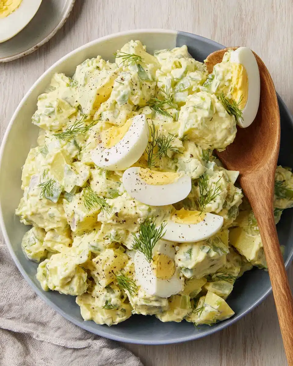 Easy Classic Potato Salad with Dill and Egg Easy classic potato salad in a bowl with wooden spoon, garnished with dill