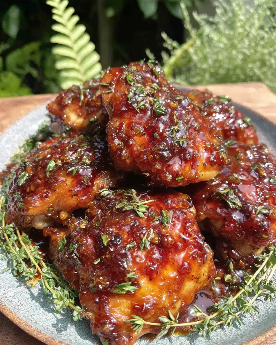 Easy Crockpot Honey Garlic Chicken Thighs Recipe Easy crockpot honey garlic chicken thighs with fresh thyme garnish