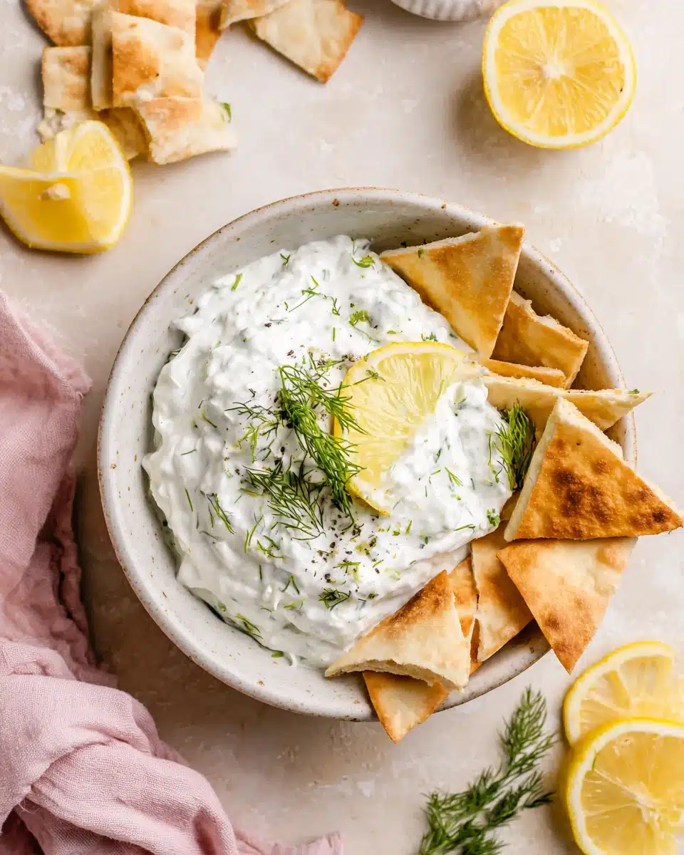 Easy Dairy-Free Tzatziki with Fresh Dill and Lemon Creamy dairy-free tzatziki with dill and lemon, served with pita chips