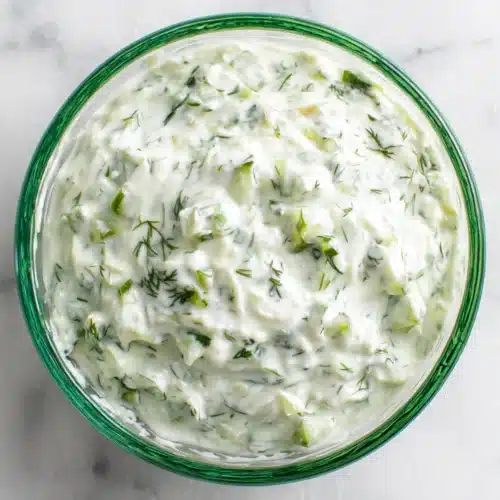 Easy Homemade Tzatziki Sauce: A Refreshing Delight 1 Creamy homemade tzatziki sauce in a glass bowl with fresh herbs and cucumber