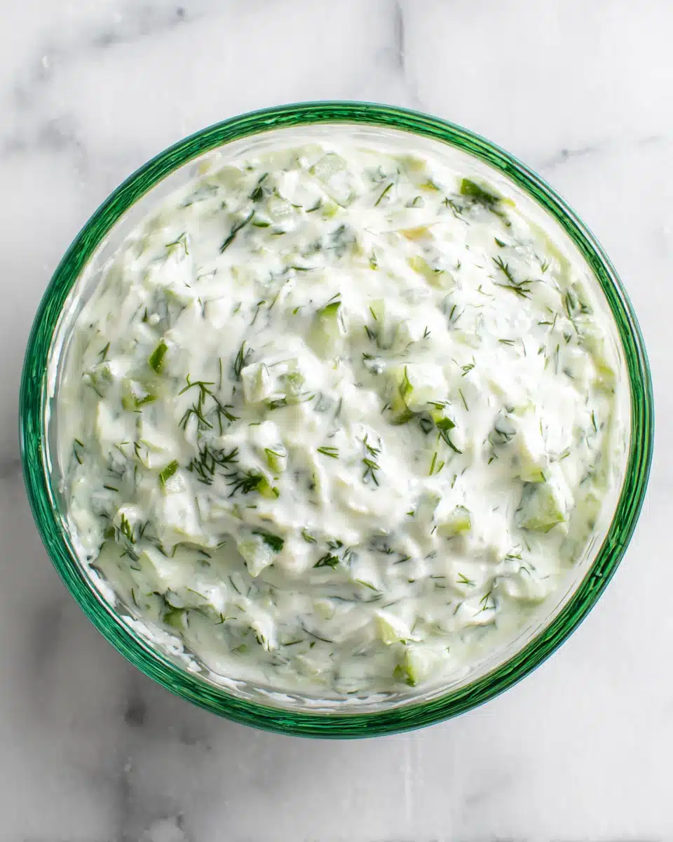 Easy Homemade Tzatziki Sauce with Fresh Herbs Creamy homemade tzatziki sauce in a glass bowl with fresh herbs and cucumber