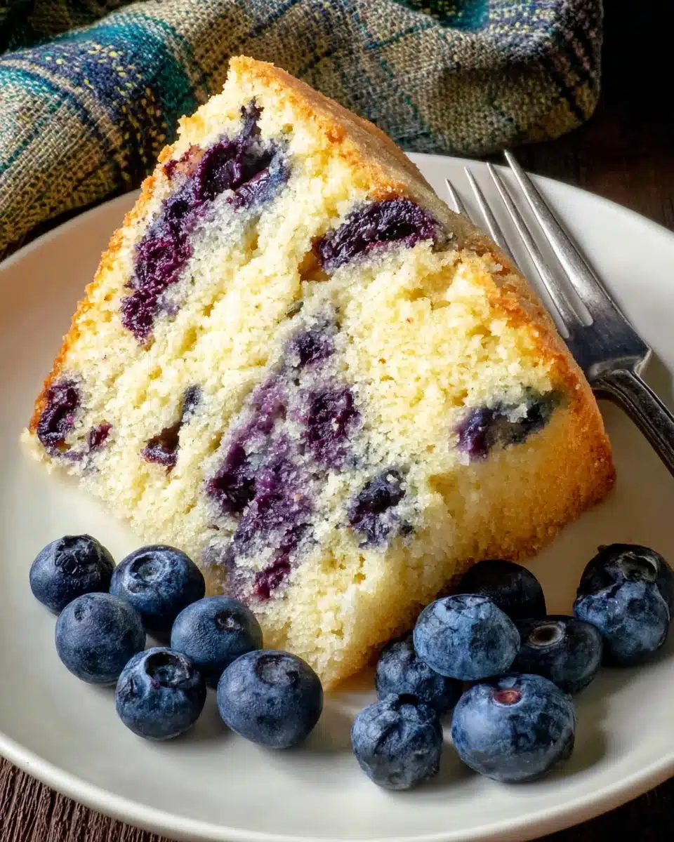 Moist eggless blueberry cake slice with fresh blueberries on a plate
