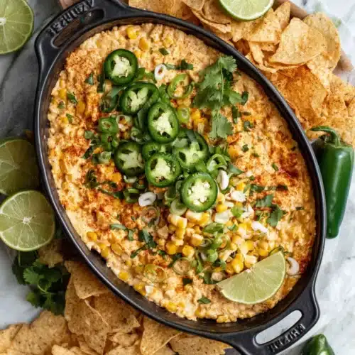 Deliciously Easy Elote Corn Dip Crock Pot Recipe 1 Creamy elote corn dip in crock pot with tortilla chips and lime garnish