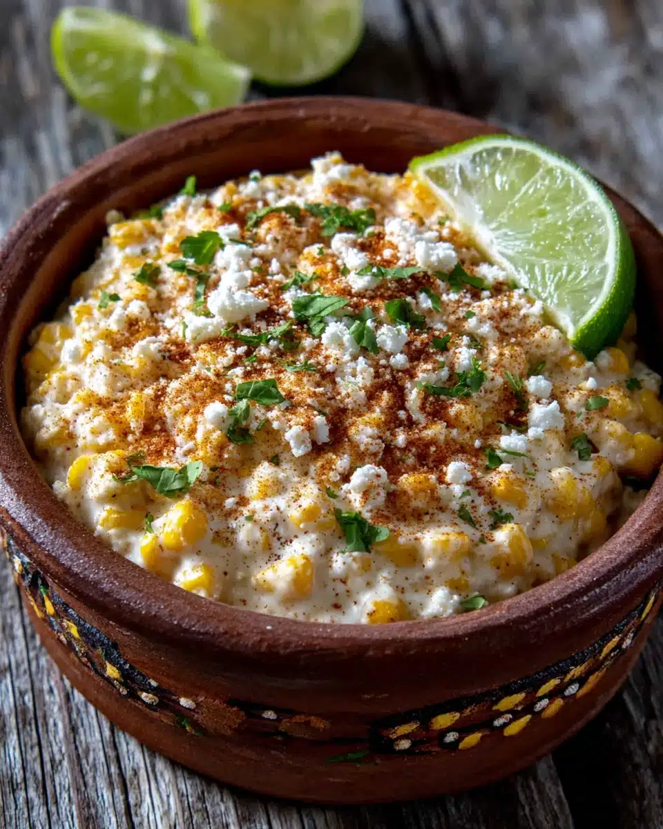 Creamy elote corn in a clay bowl with lime and cilantro