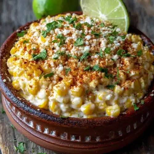Creamy elote corn in a clay bowl with lime and cilantro