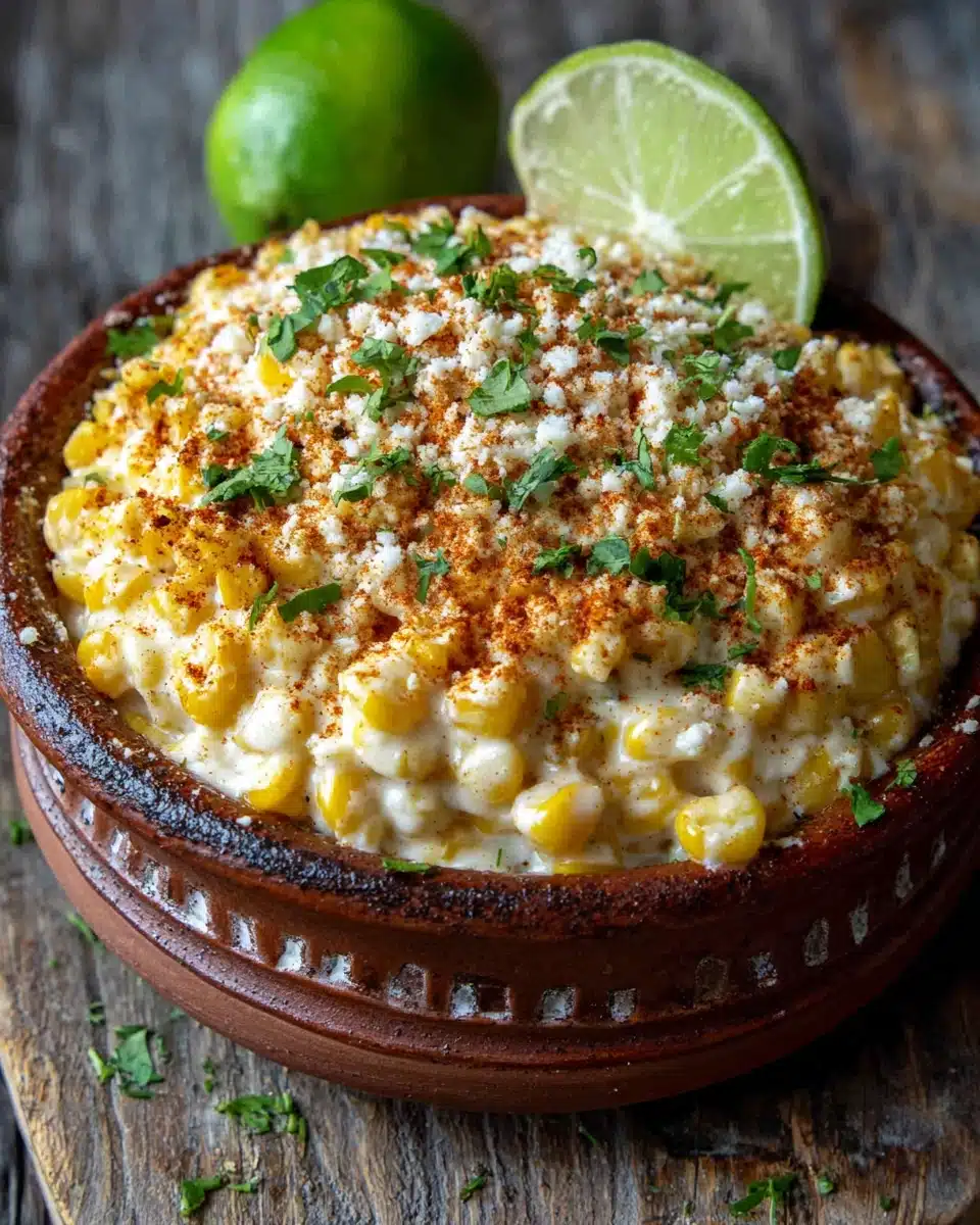 Creamy elote corn in a clay bowl with lime and cilantro