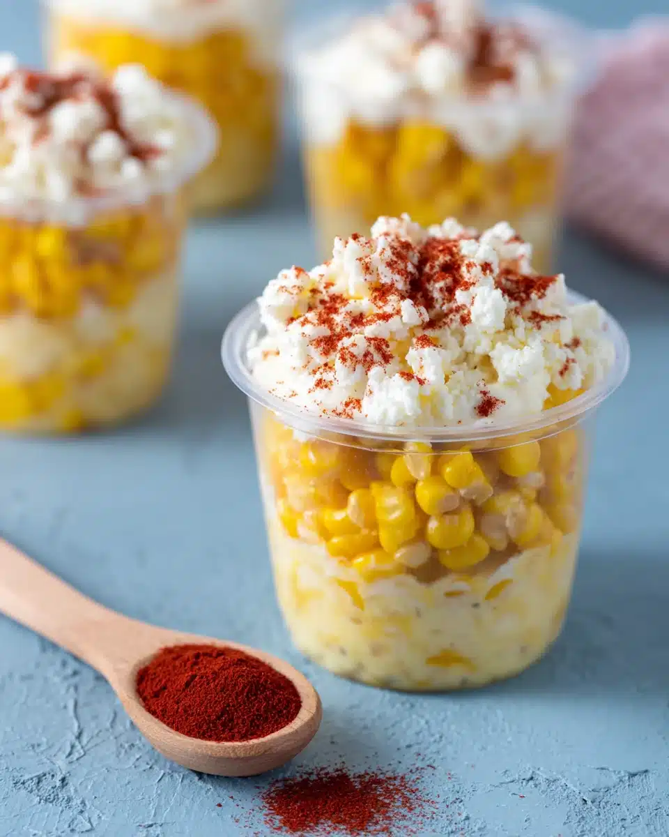 Elote cups with charred corn, creamy sauce, cotija cheese, and chili powder in clear cups
