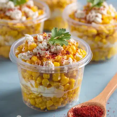 Elote cups with charred corn, creamy sauce, cotija cheese, and chili powder