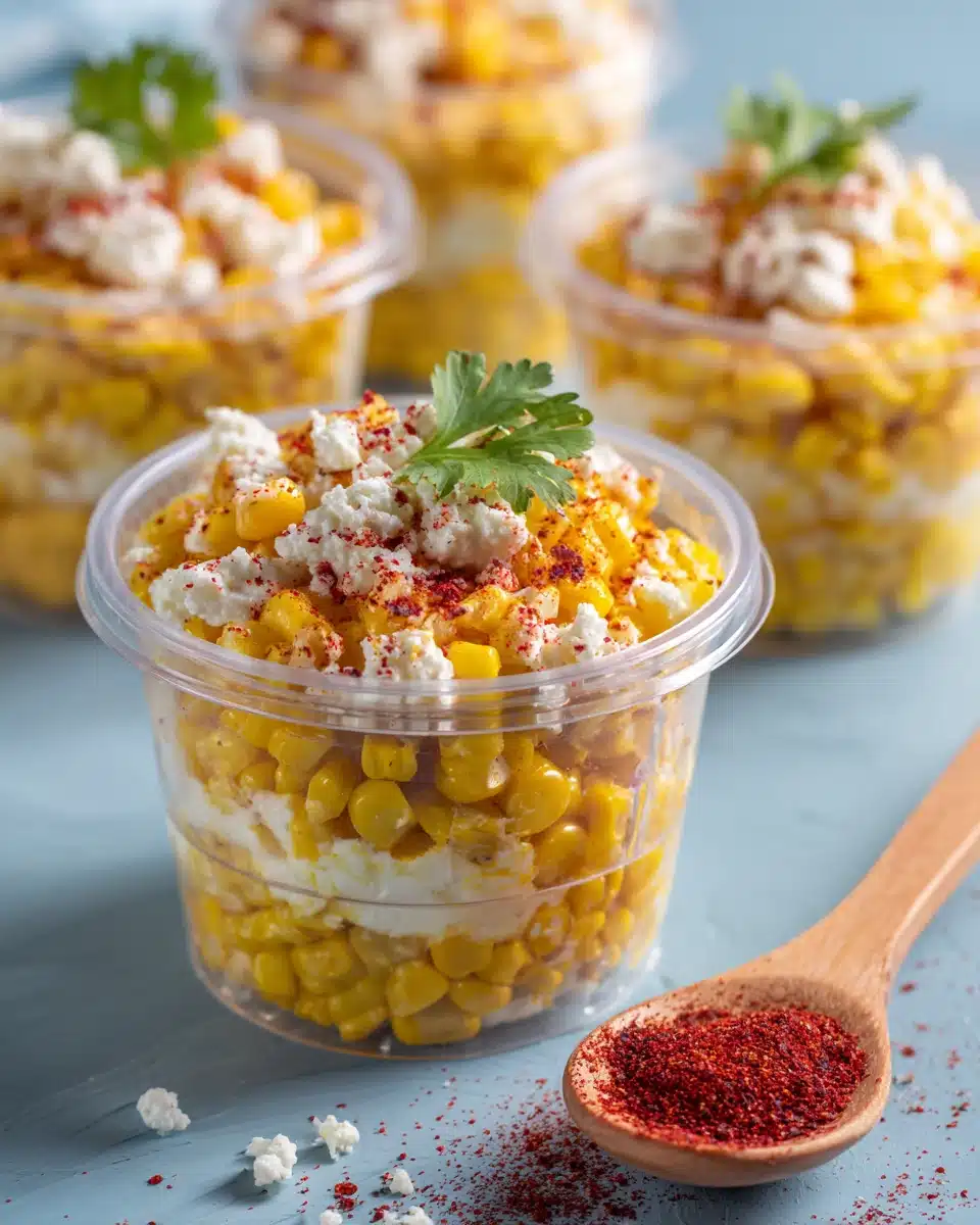 Elote cups with charred corn, creamy sauce, cotija cheese, and chili powder