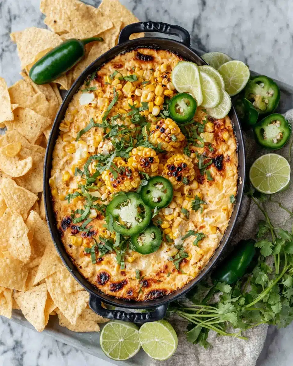 Creamy elote dip with corn, jalapeños, and cilantro, served with tortilla chips