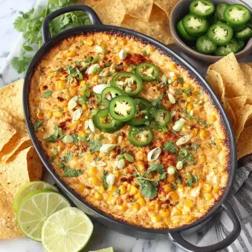 Creamy elote dip with charred corn, jalapeños, and cilantro, served with tortilla chips