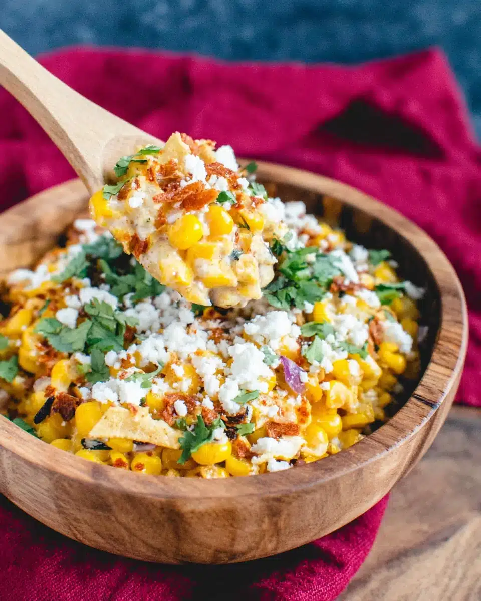 Elote style corn with creamy dressing, cheese, cilantro, and tortilla chips in a wooden bowl