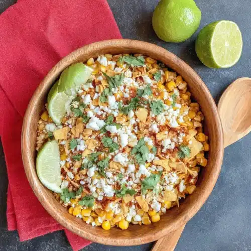 Elote style corn in a wooden bowl with lime, cilantro, and cheese
