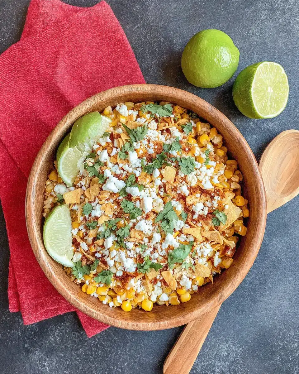 Elote style corn in a wooden bowl with lime, cilantro, and cheese