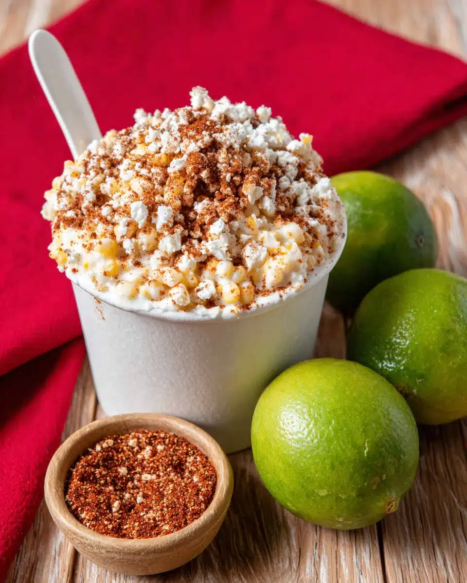 Creamy esquites in a cup with lime and chili powder, Mexican street food