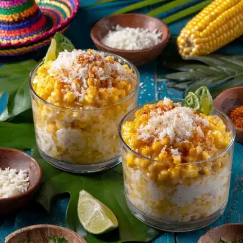 Creamy Mexican esquites in glass cups with cheese, lime, and chili powder