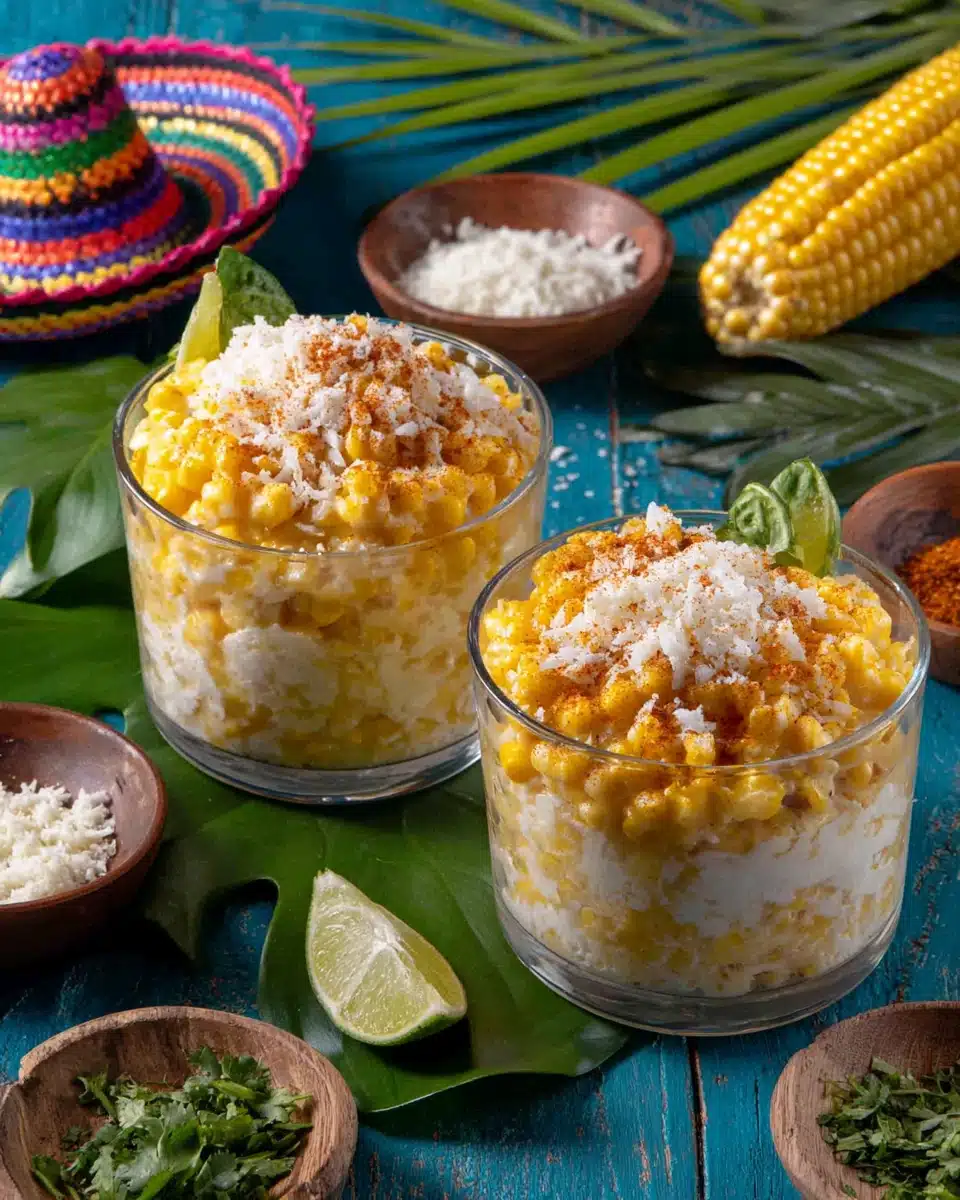 Creamy Mexican esquites in glass cups with cheese, lime, and chili powder