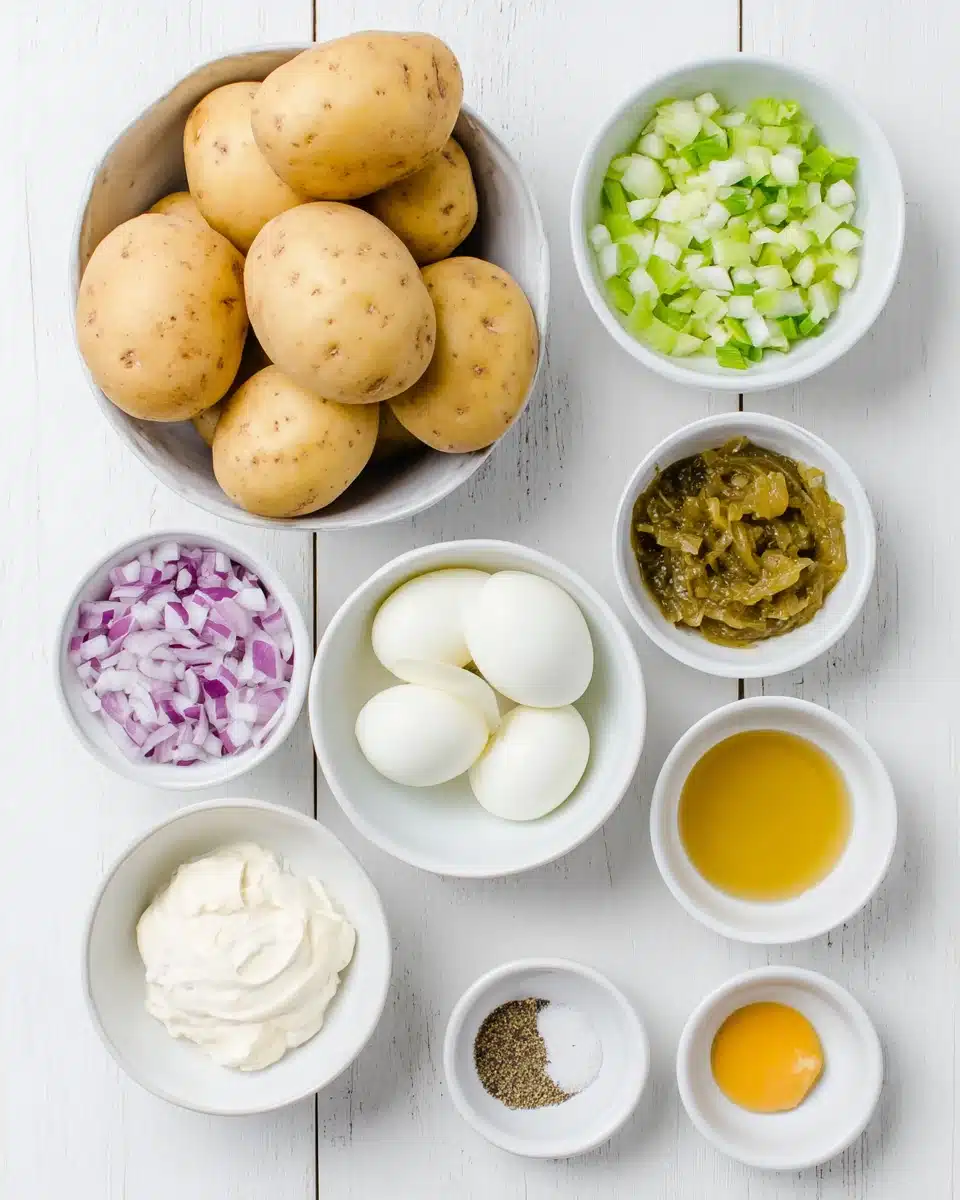 Ingredients for ever potato salad: potatoes, eggs, celery, onion, mayonnaise, relish, mustard, vinegar