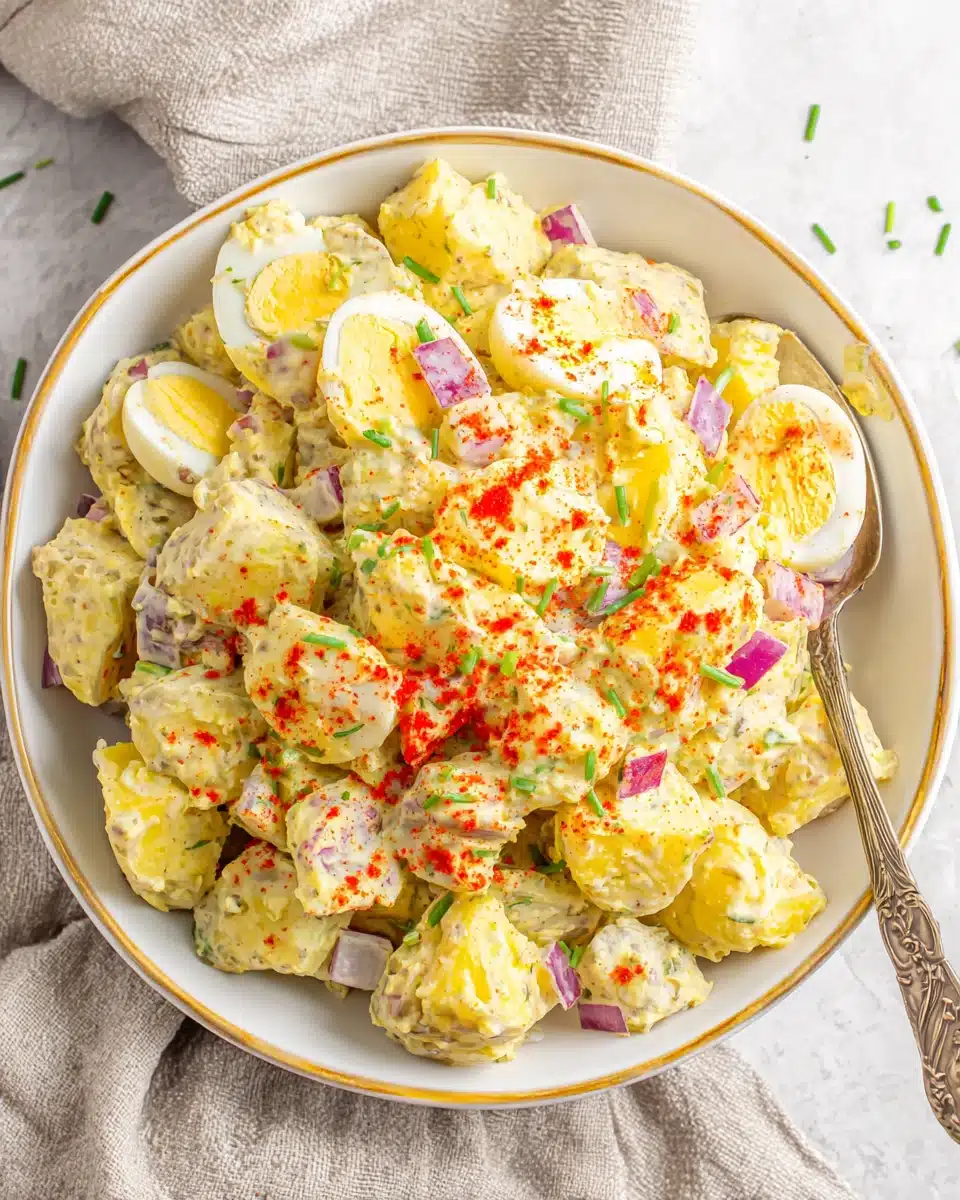 Creamy ever potato salad with paprika and eggs in a white bowl
