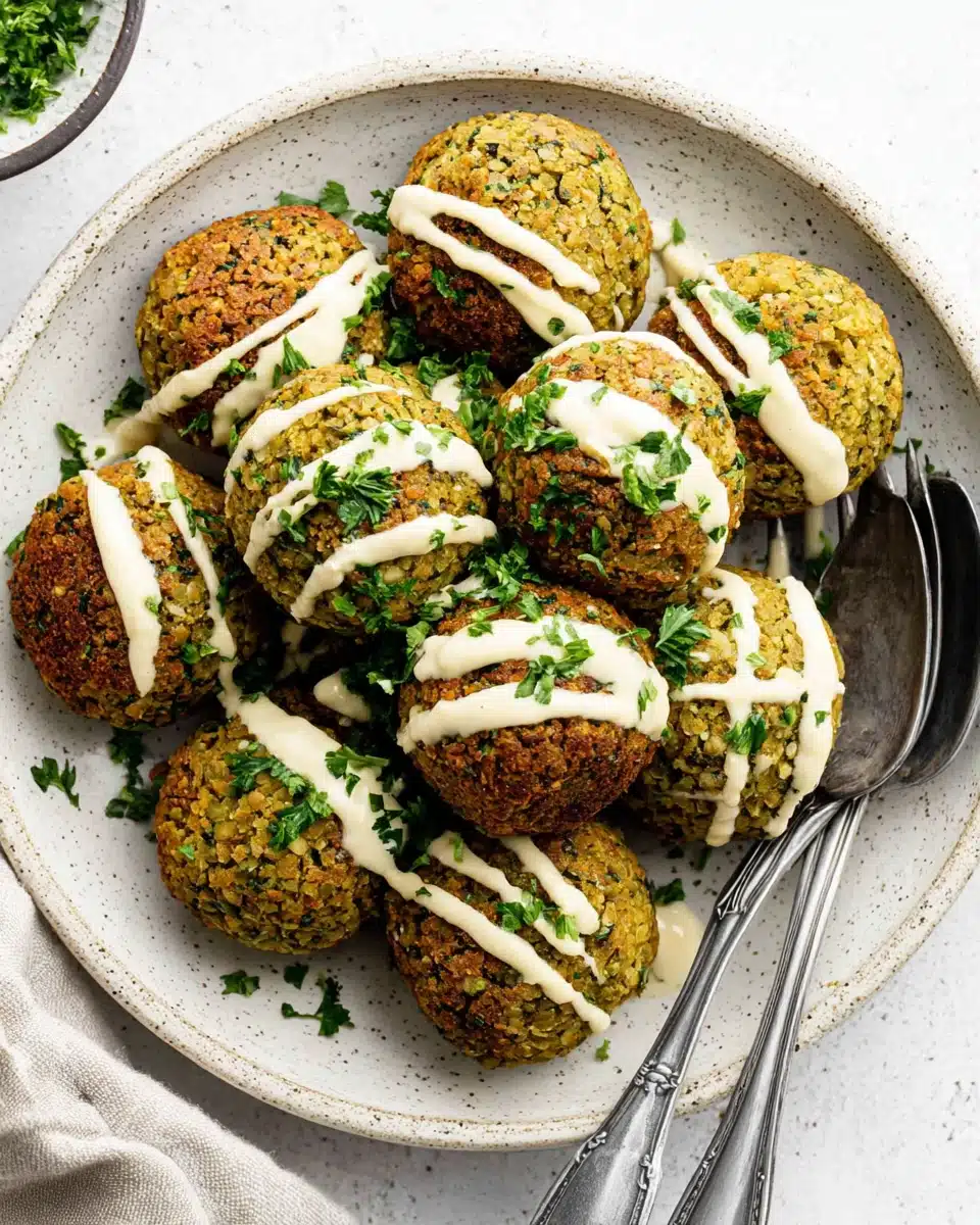 Crispy falafel balls with tahini sauce and fresh herbs on a plate
