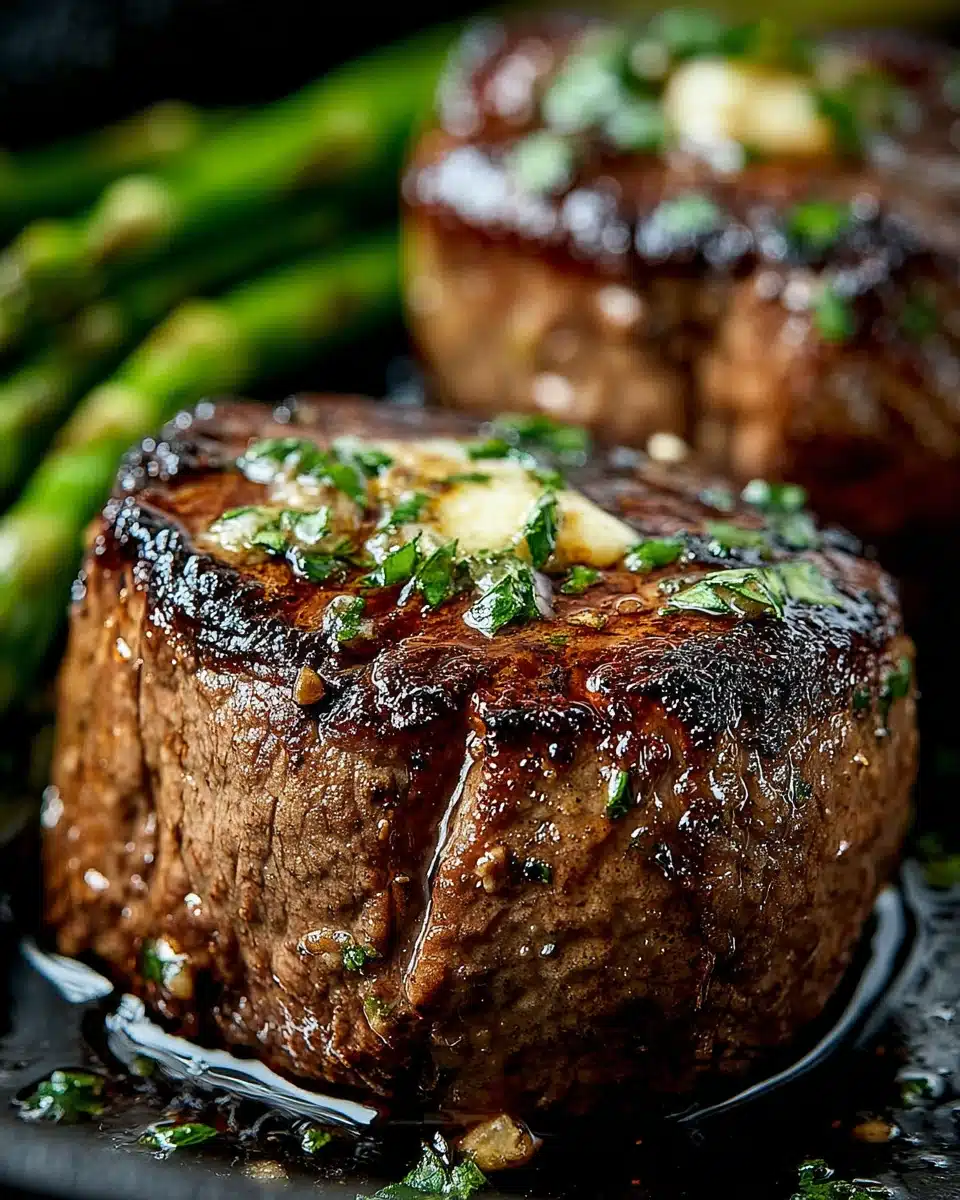 Filet mignon with garlic herb butter, seared to perfection with fresh herbs and buttery sauce