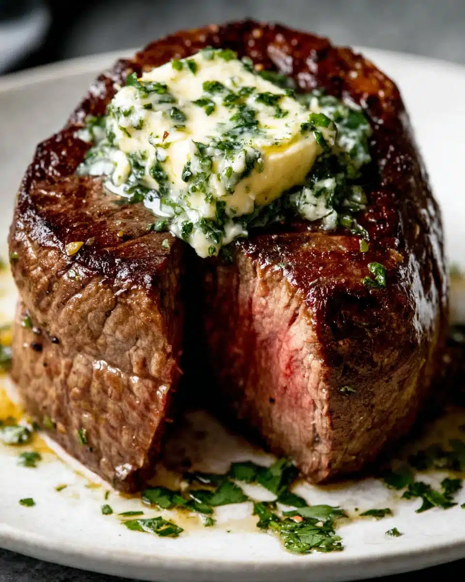 Filet mignon with garlic herb butter on a white plate, topped with melting herb butter