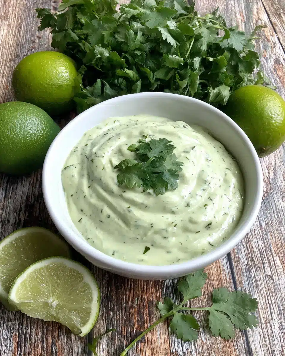 Fresh Avocado Cream Sauce with Cilantro and Lime Fresh avocado cream sauce in a white bowl with cilantro, lime, and avocado