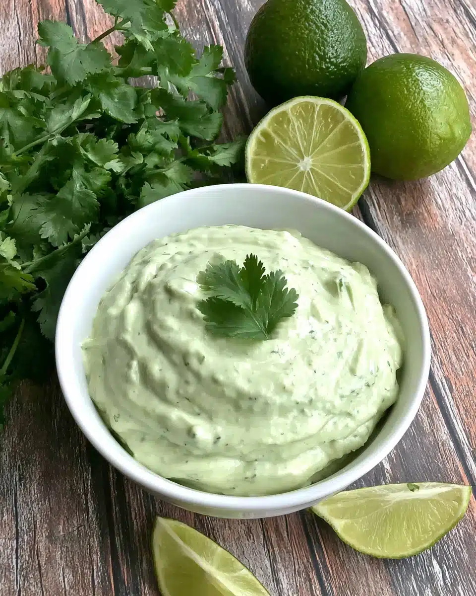 Fresh avocado cream sauce in a white bowl with lime and cilantro