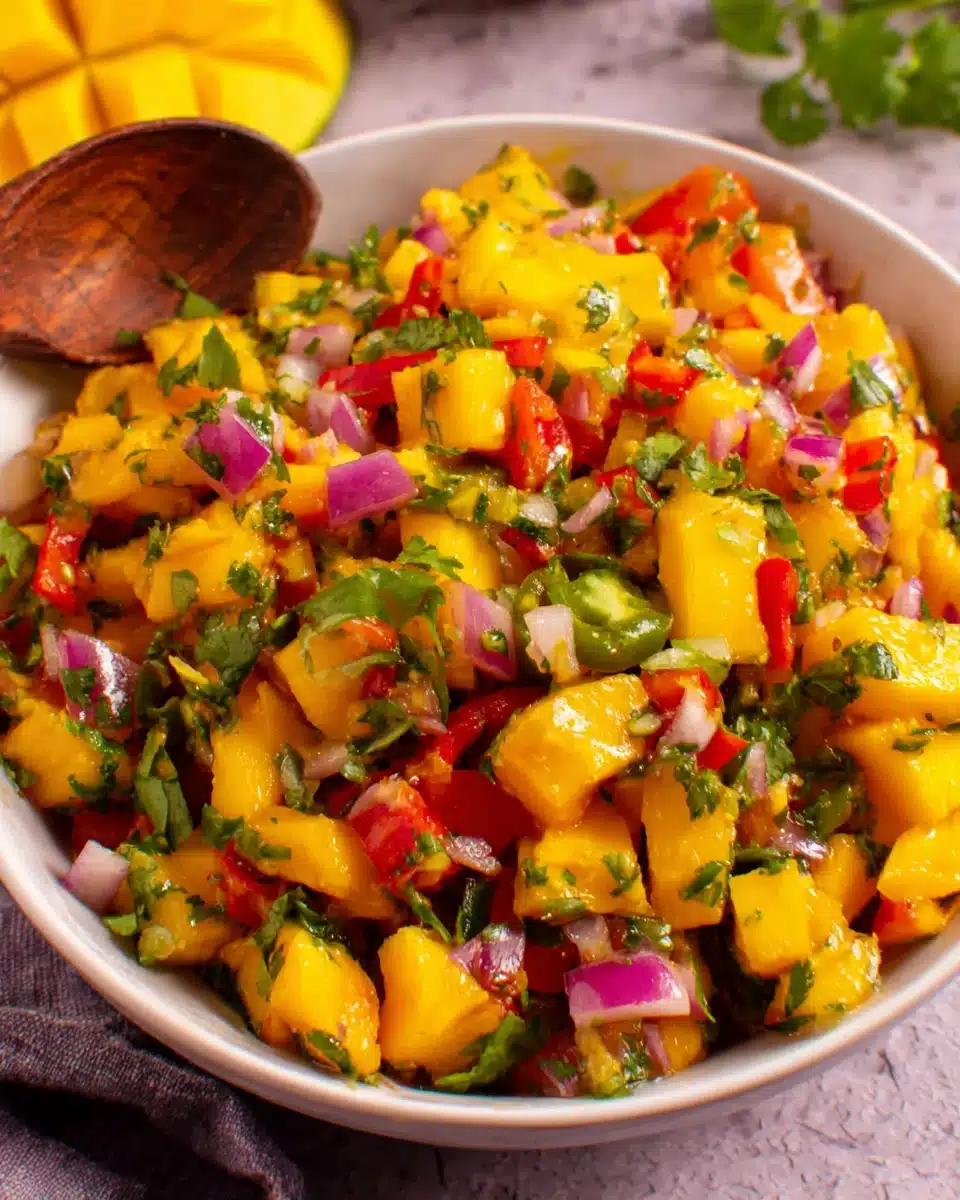 Fresh mango salsa with diced mango, onions, peppers, and cilantro in a white bowl