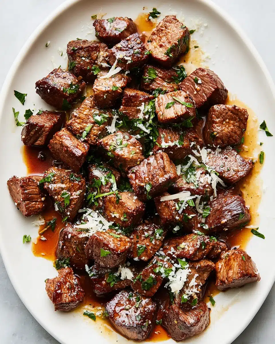 Garlic butter steak bites with parmesan, garnished with parsley on a white plate