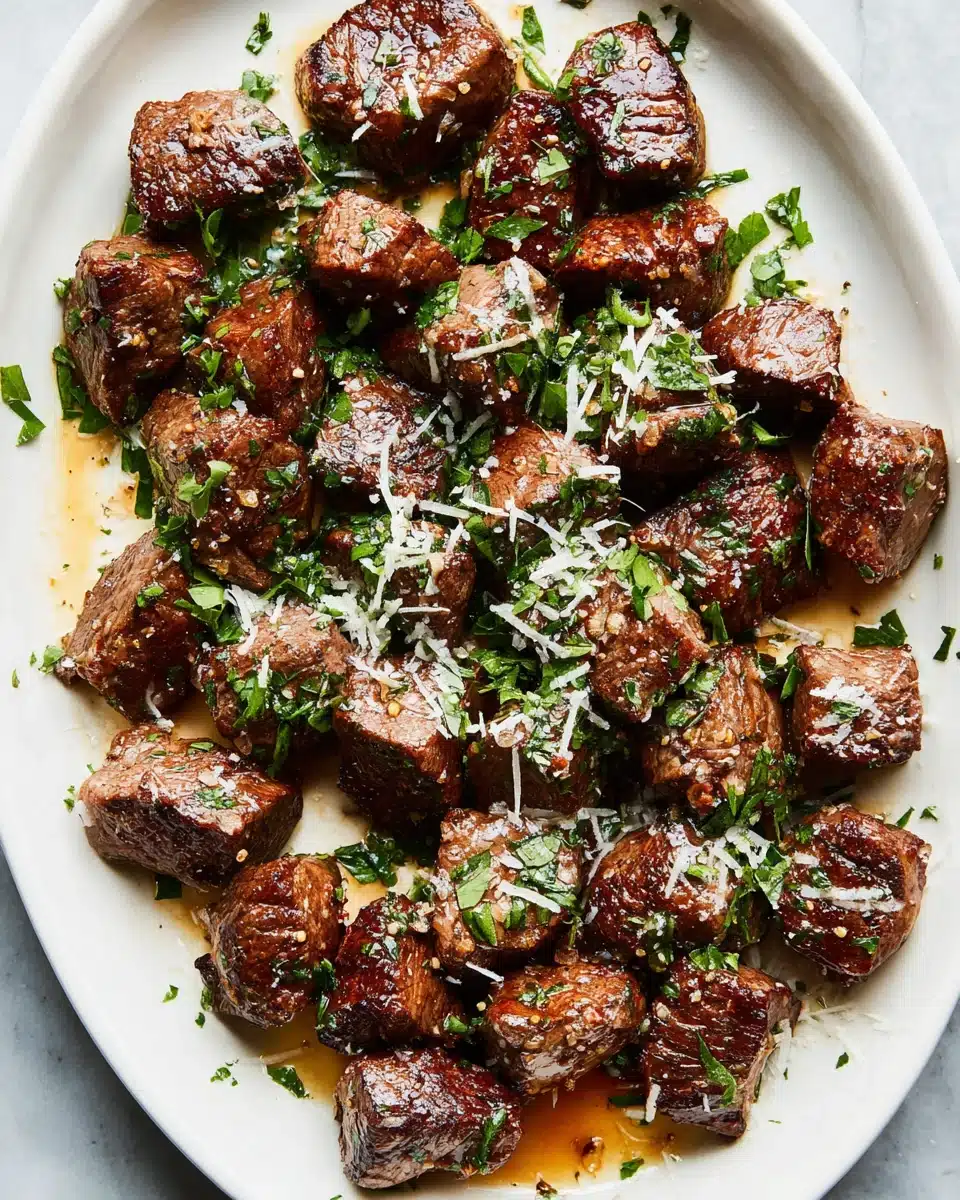 Garlic butter steak bites with parmesan, garnished with parsley on a white plate