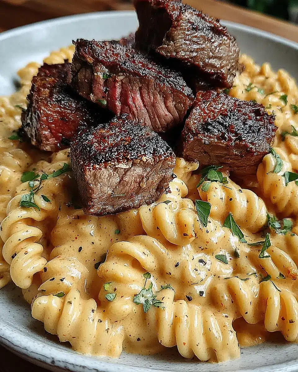 Garlic Butter Steak with Cajun Pasta Garlic butter steak with Cajun pasta on a white plate, garnished with herbs
