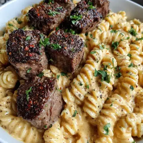 Garlic Butter Steak with Cajun Pasta: A Flavorful Delight 1 Garlic butter steak with Cajun pasta on a white plate, garnished with herbs