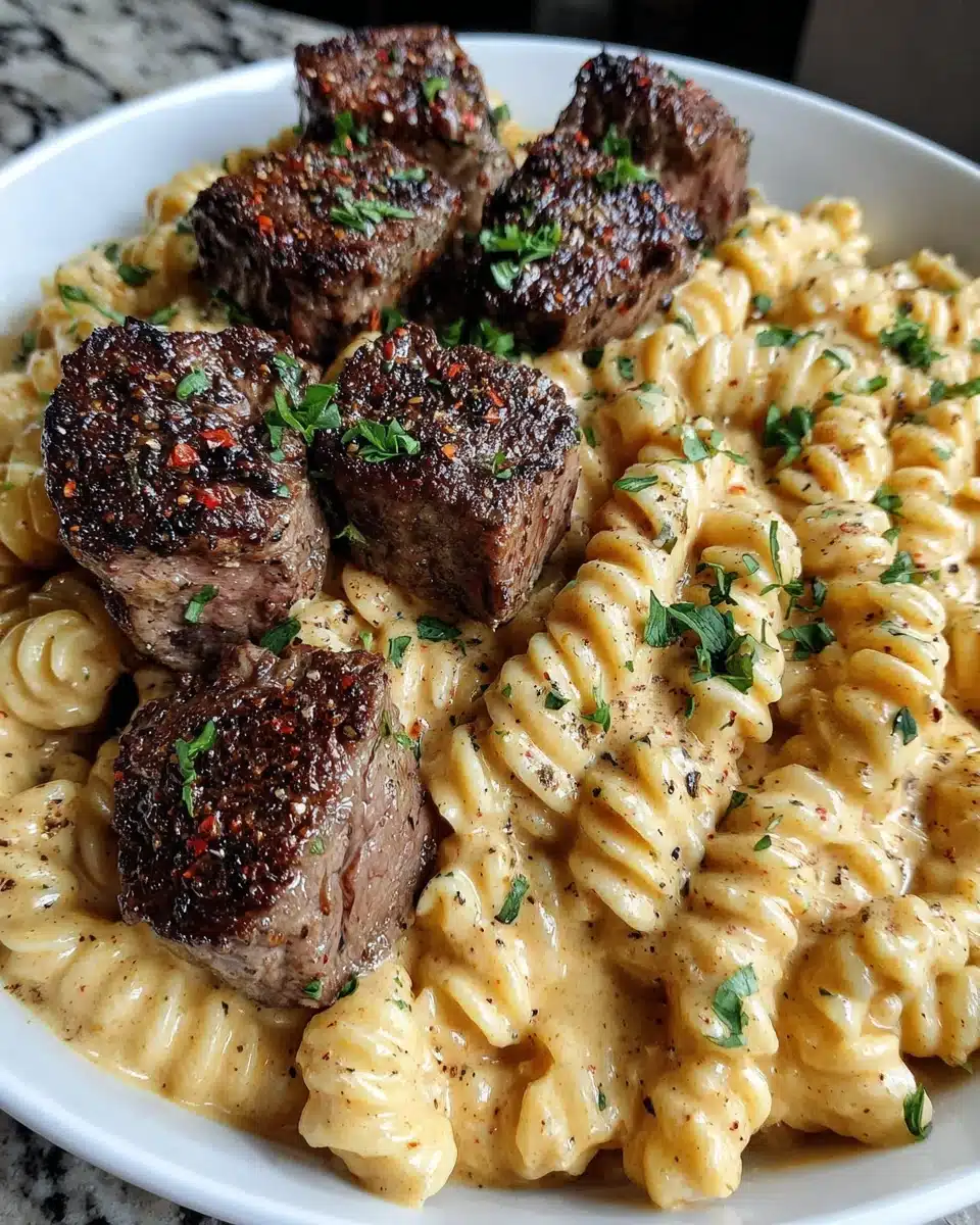 Garlic Butter Steak with Cajun Pasta Recipe Garlic butter steak with Cajun pasta on a white plate, garnished with herbs