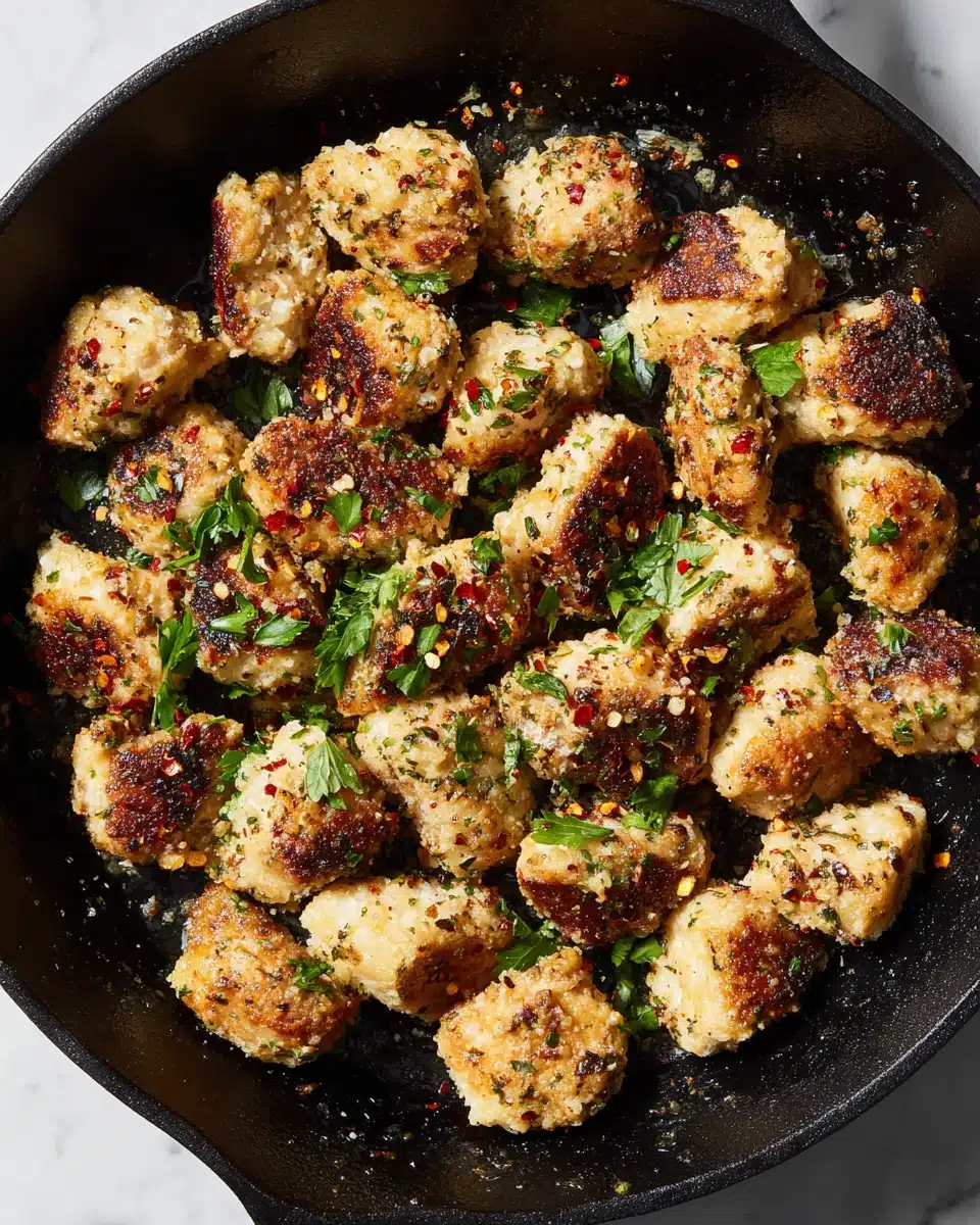 Garlic parm chicken bites in a cast iron skillet, golden and crispy with herbs