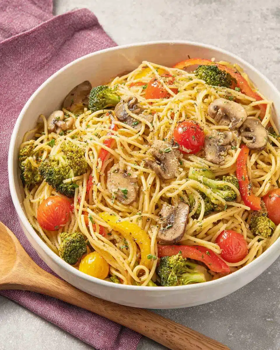 Garlic Pasta Salad with Fresh Veggies and Mushrooms Garlic pasta salad with fresh vegetables and mushrooms in a white bowl