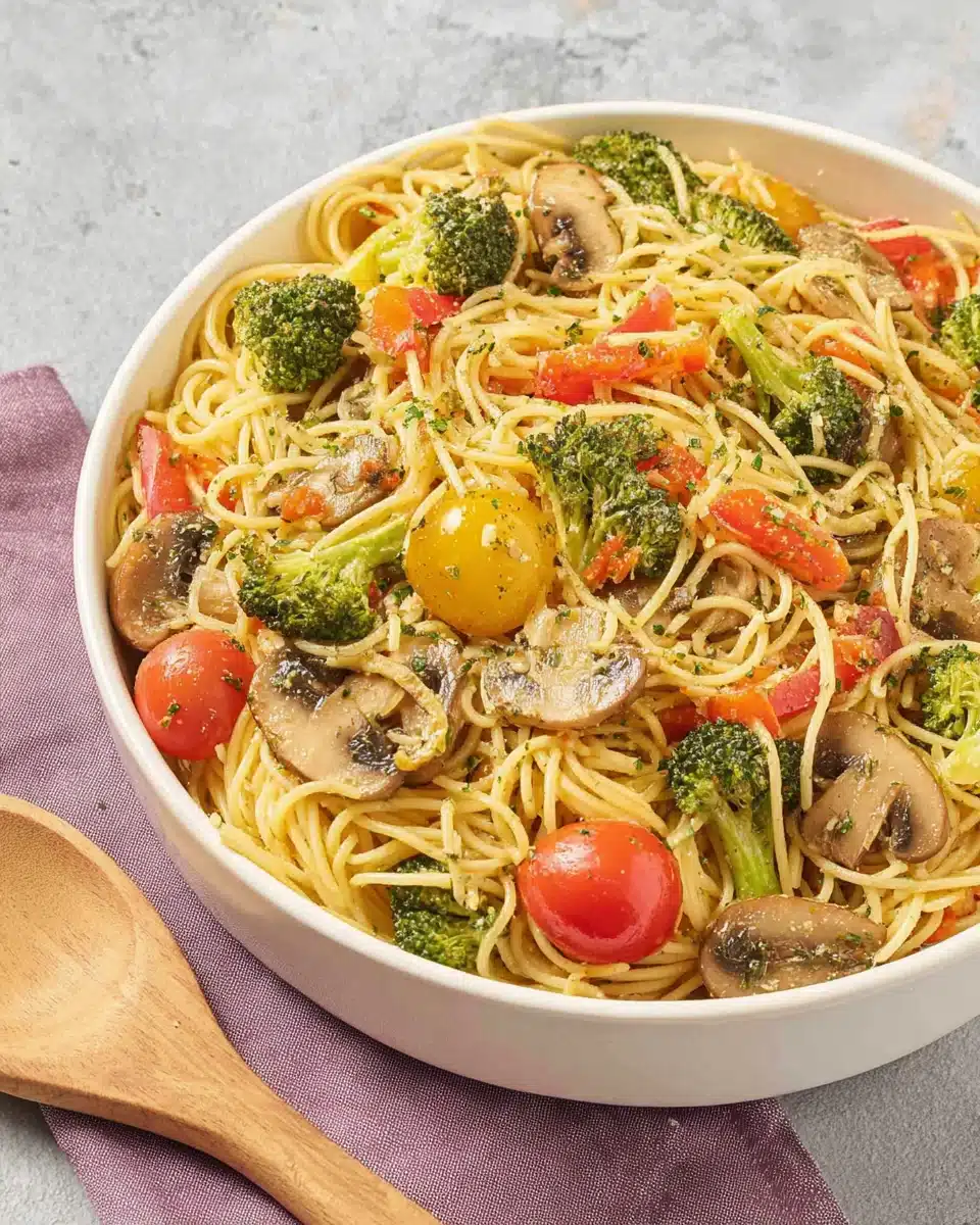 Garlic Pasta Salad with Fresh Veggies and Mushrooms Garlic pasta salad with fresh vegetables and mushrooms in a white bowl