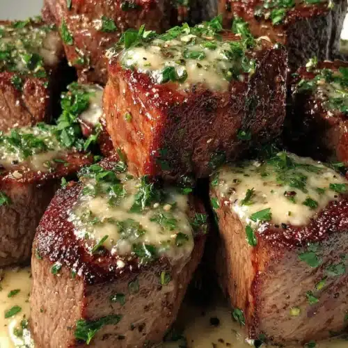Tender garlic steak bites with creamy sauce and fresh parsley garnish