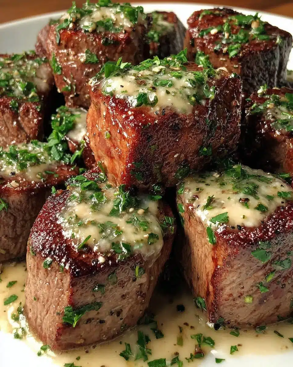 Tender garlic steak bites with creamy sauce and fresh parsley garnish