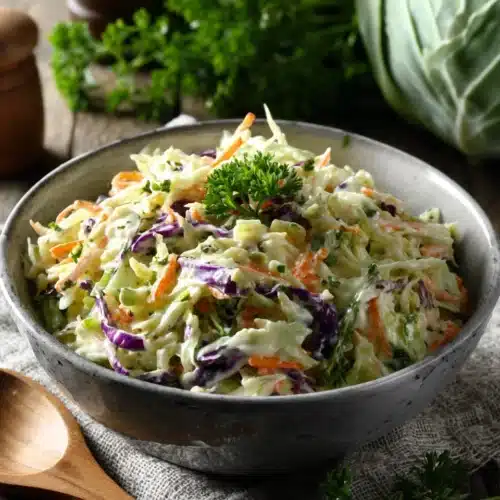 Gordon Ramsay coleslaw with green and purple cabbage and carrots in a white bowl