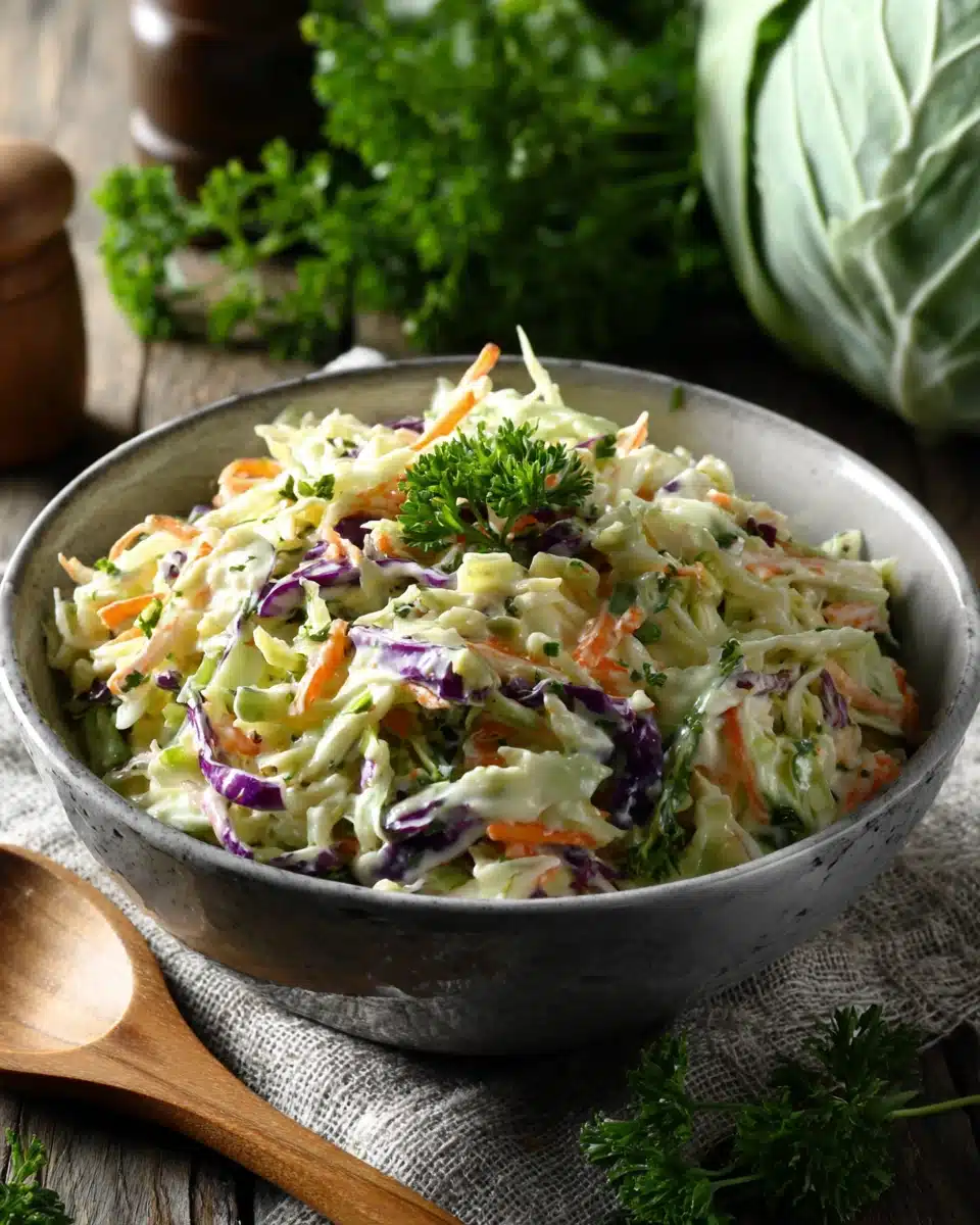 Gordon Ramsay coleslaw with green and purple cabbage and carrots in a white bowl