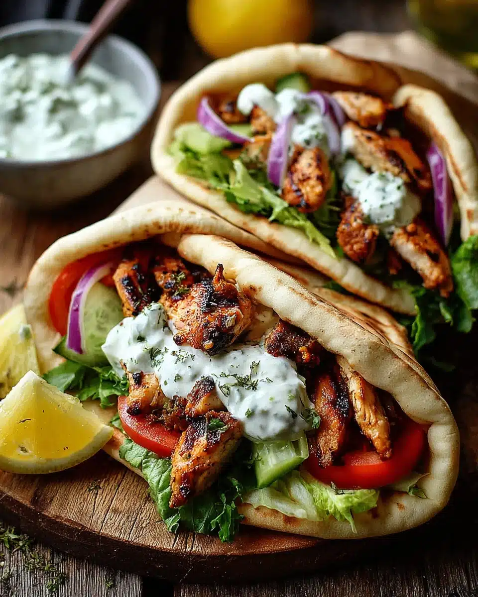 Delicious Greek Chicken Gyros with Tzatziki and Fresh Veggies Greek chicken gyros with grilled chicken, tzatziki, and fresh veggies in pita bread