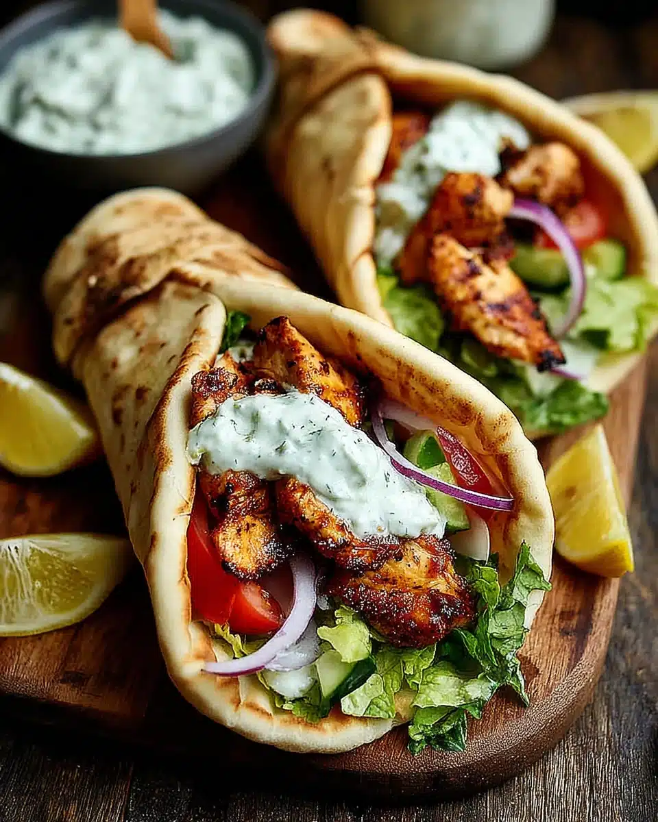 Delicious Greek Chicken Gyros with Tzatziki Sauce Greek chicken gyros with grilled chicken, fresh vegetables, and tzatziki sauce in pita bread