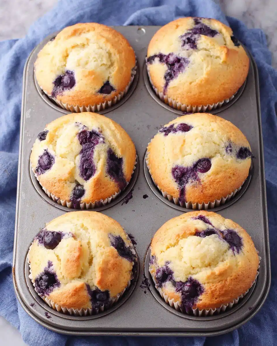 Greek yogurt blueberry muffins in a tin with fresh blueberries
