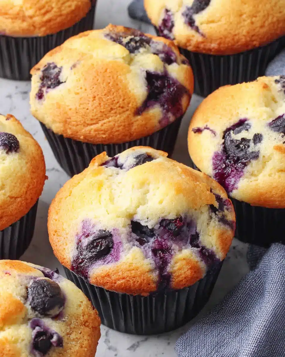 Freshly baked Greek yogurt blueberry muffins with juicy berries, golden tops, and black liners on marble