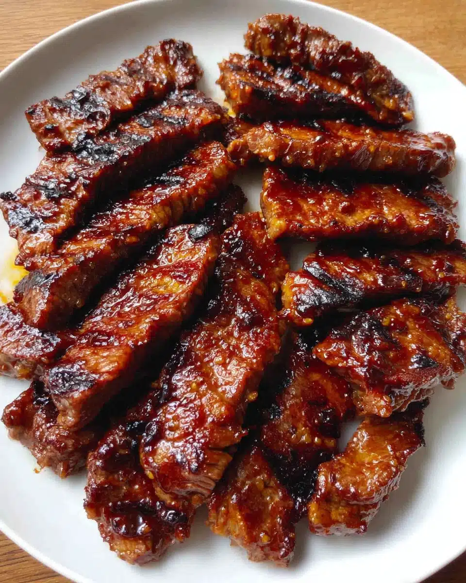 Grill pan honey glazed steak strips with glossy glaze on a white plate