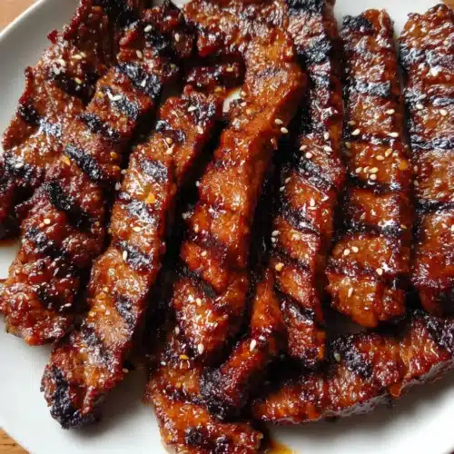 Grill pan honey glazed steak strips with glossy glaze and char marks